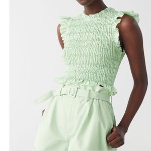 & Other Stories Smocked Linen Ruffle Hem Crop Top